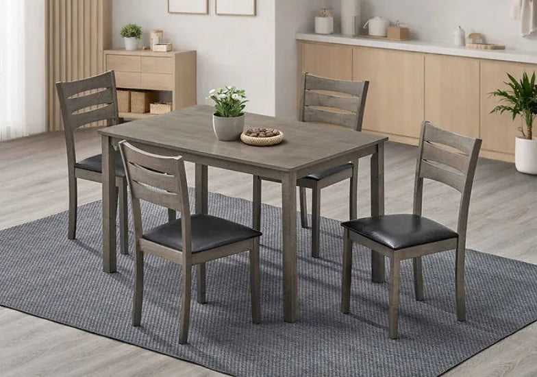 Ensemble de salle à manger Optimum Plus, en gris, avec une table élégante et quatre chaises confortables en matériau solide.