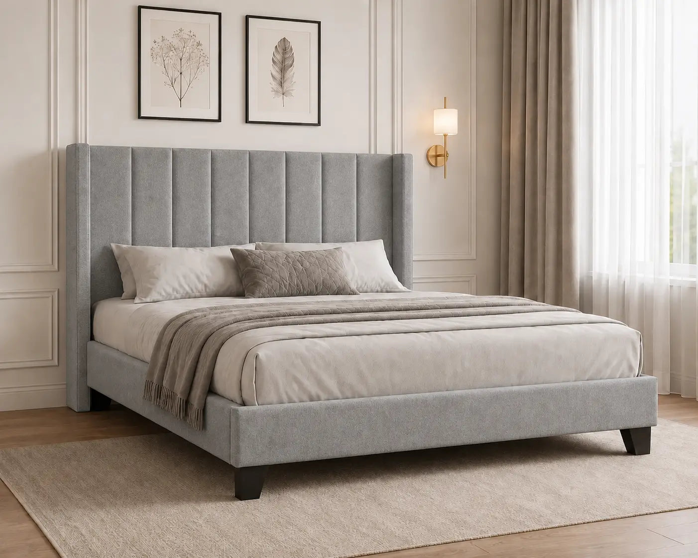 Lit queen Aaron en tissu gris, avec une tête de lit capitonnée et un design moderne.