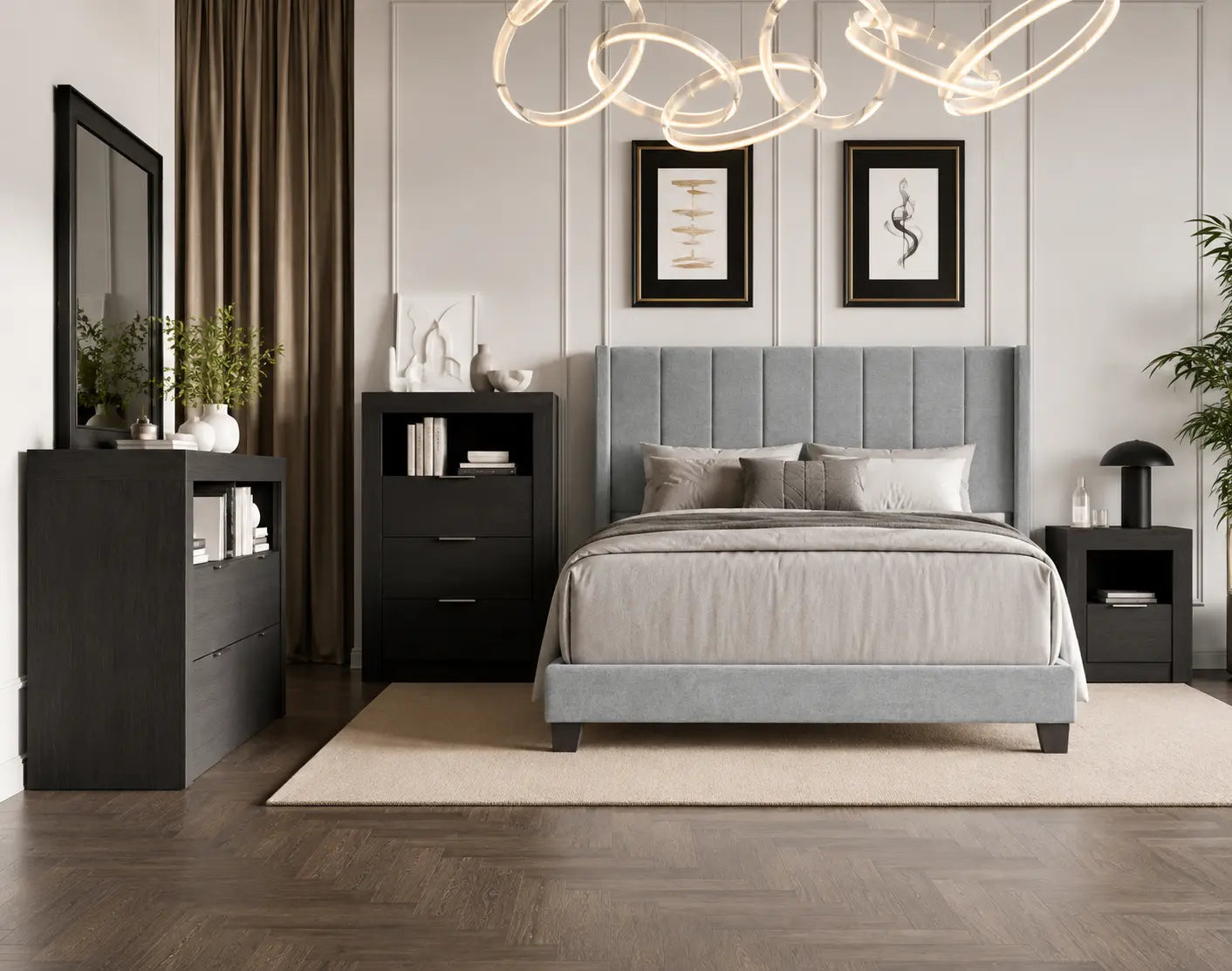 Ensemble de chambre Optimum Plus, comprenant un lit rembourré gris, des meubles noirs modernes et un décor élégant.