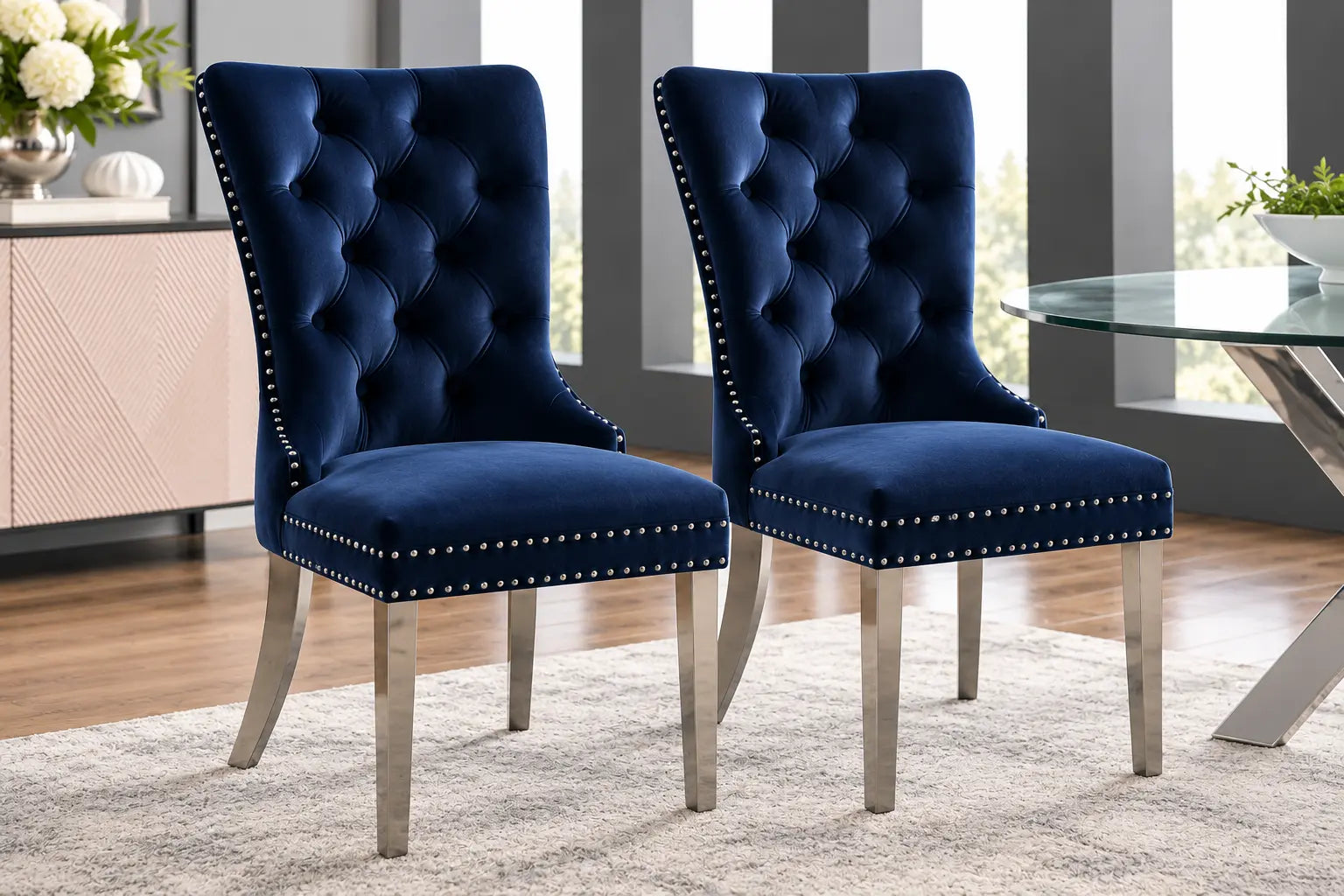 Deux chaises en velours bleu, avec un design élégant, boutons capitonnés et cadre en chrome, ajoutent du style à votre.