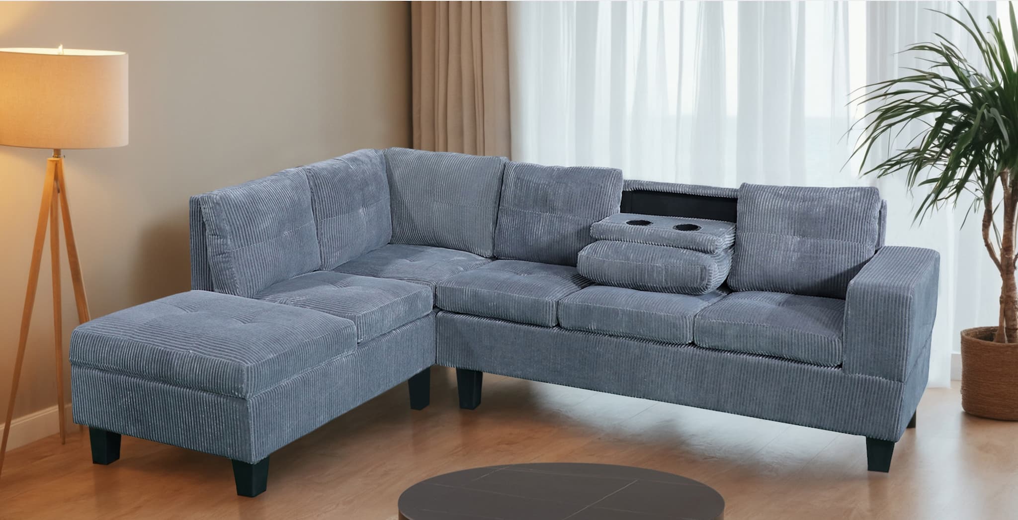 Canapé sectionnel réversible Kelly (velours côtelé, gris foncé)