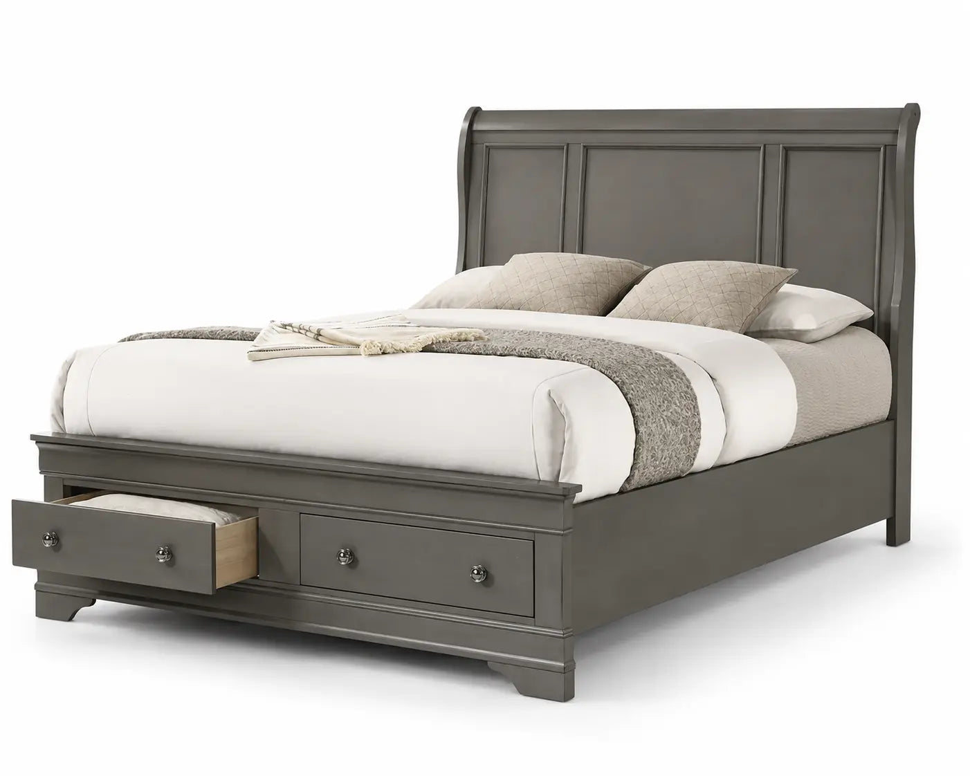 Lit jumeau en bois gris de style classique avec tête de lit en forme de traîneau et tiroirs de rangement.