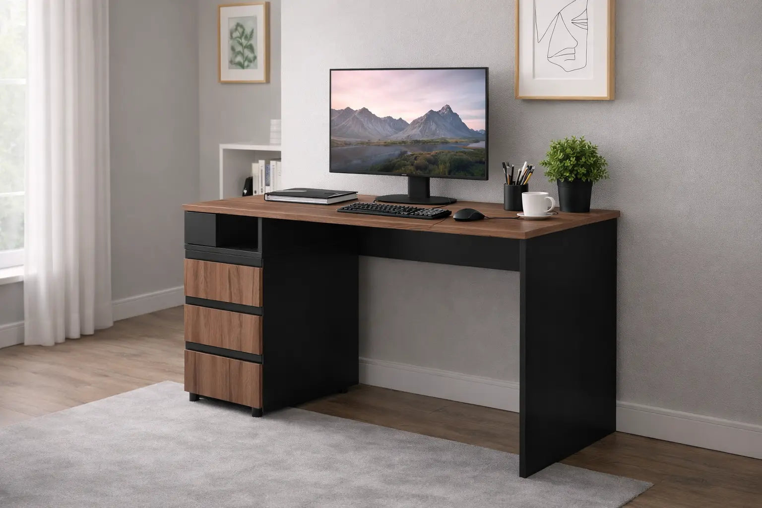 Bureau d'ordinateur Frida (chêne de Livourne et noir)