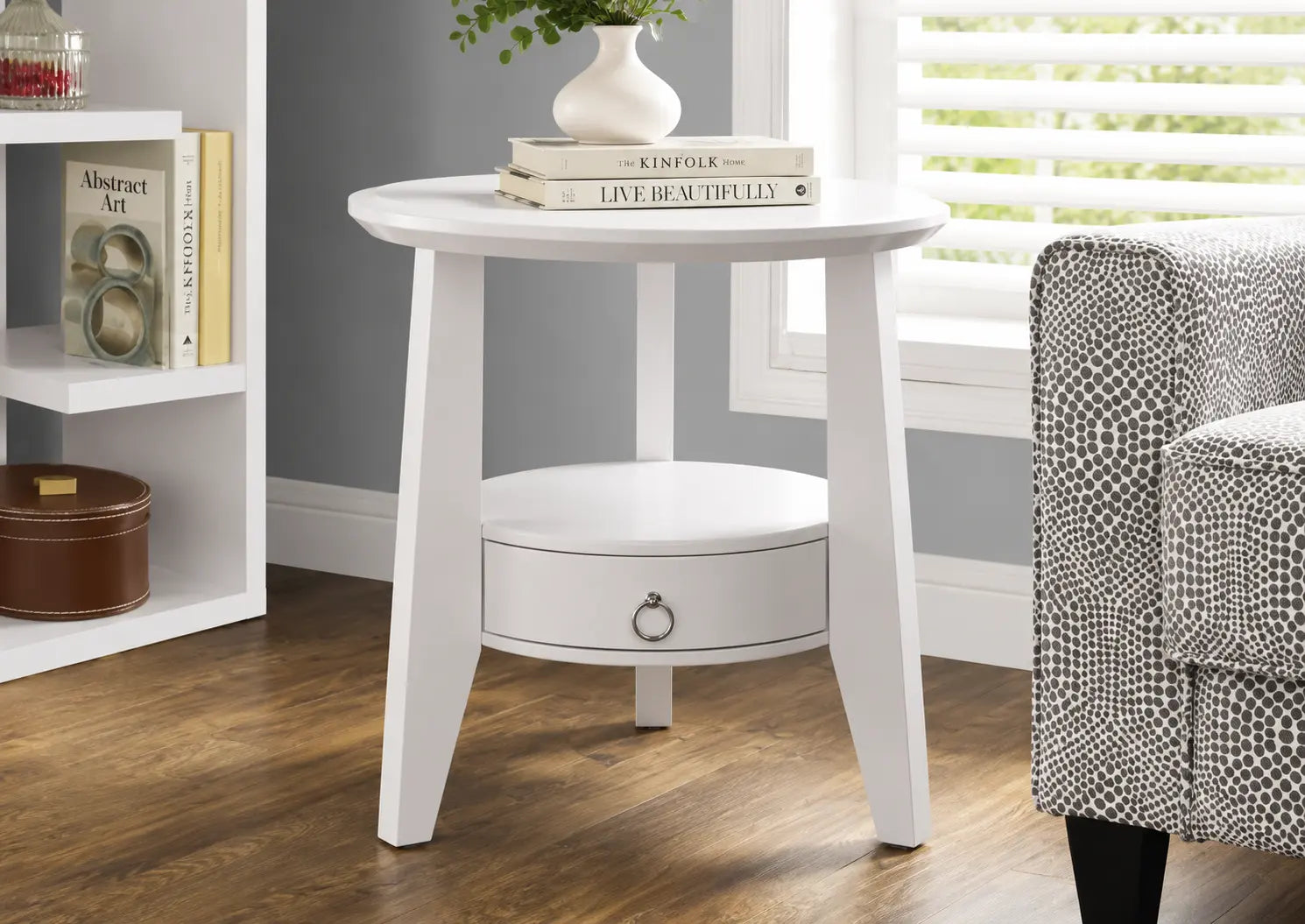 I-2492 Accent table with 1 drawer 23”dia (white)