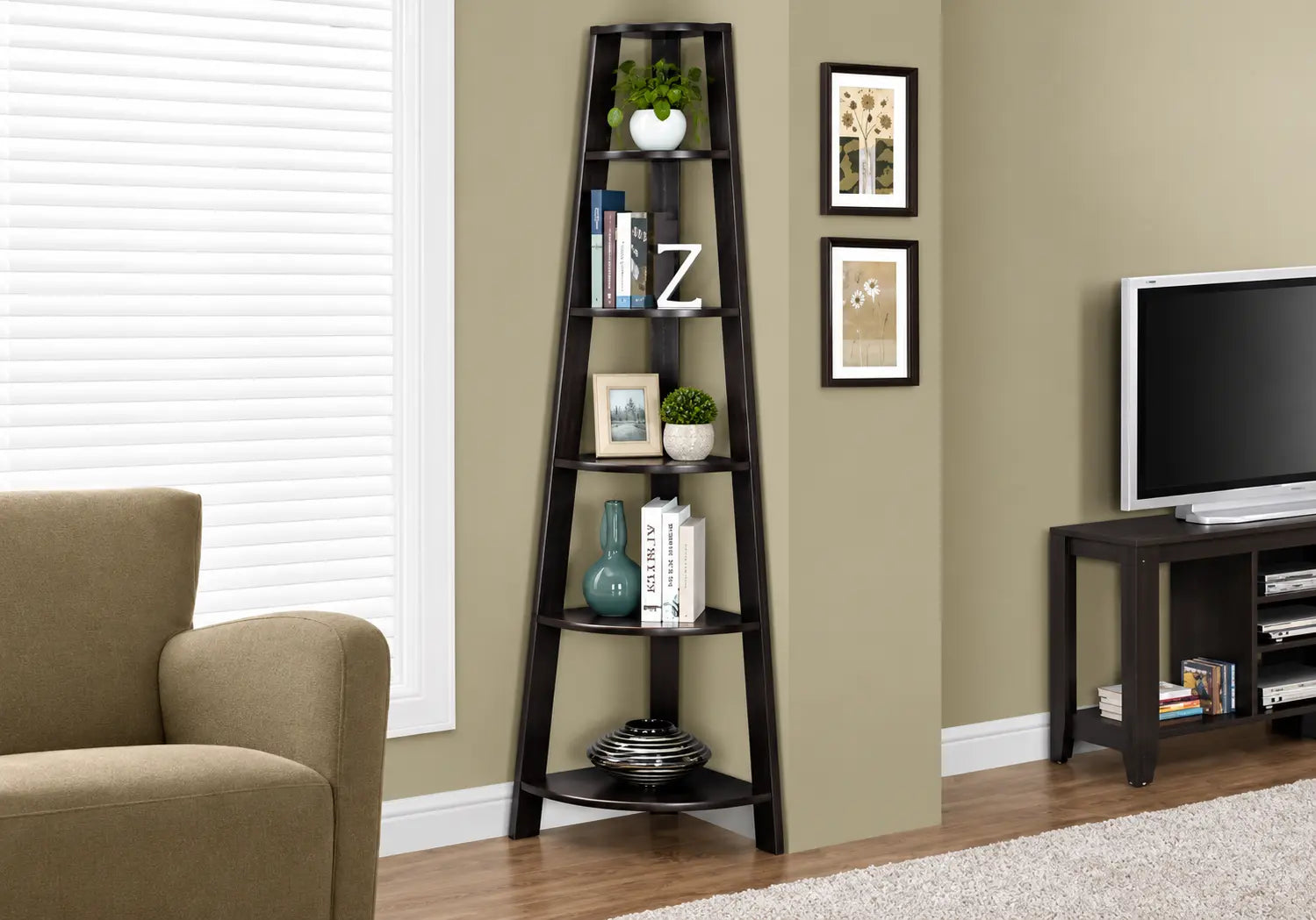 I-2495 Bookcase - 72"H /Cappuccino corner accent etagere