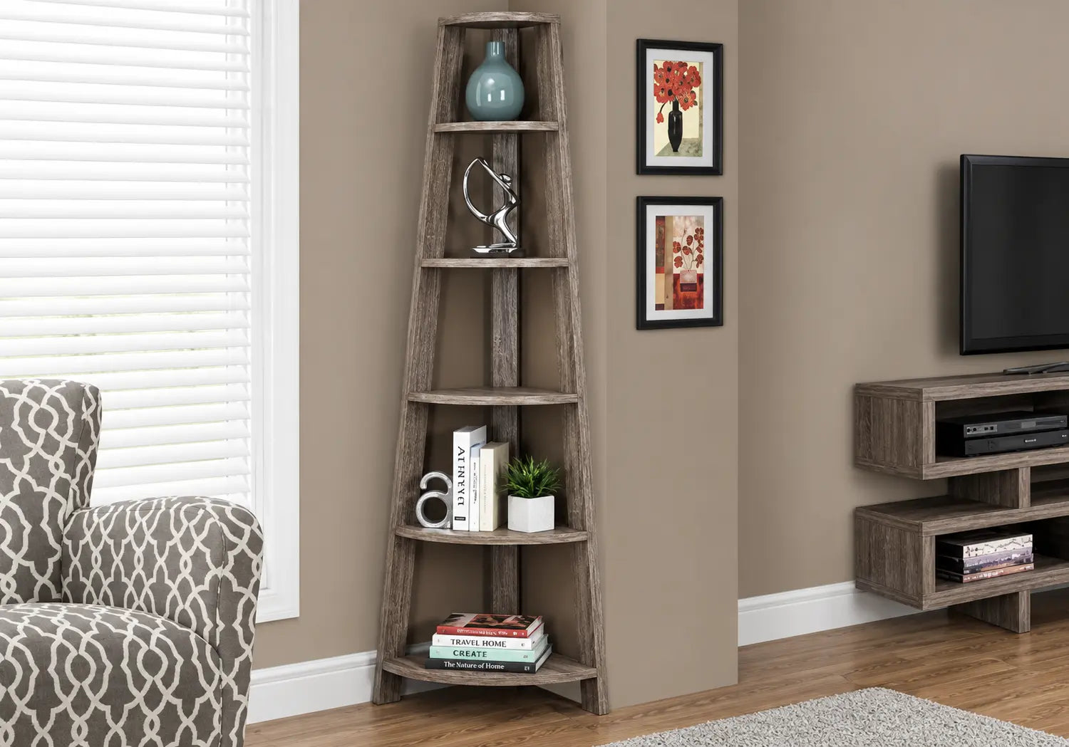 I-2497 Bookcase - 72"H / Dark taupe corner accent etagere