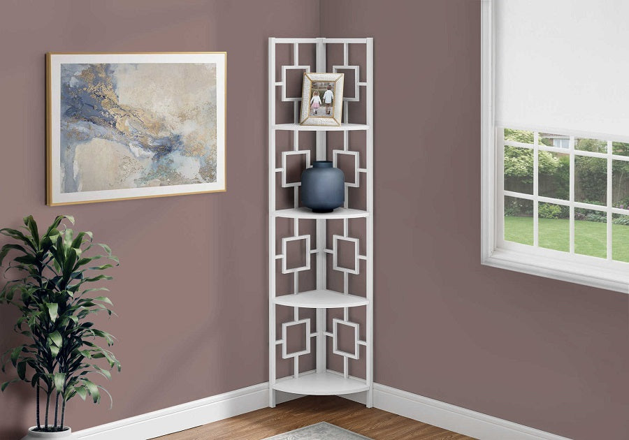 I-3613 Bookcase - 62"H / WHITE / WHITE METAL CORNER ETAGERE - Optimum Plus