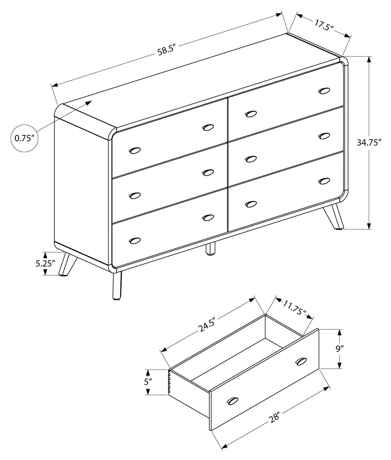 Dessin technique du meuble de rangement Optimum Plus, un commode beige avec six tiroirs, lignes épurées et pieds en bois.