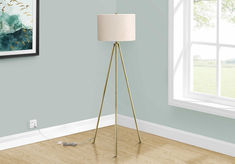 I-9736 Lighting 63"H tripod floor lamp (brass metal / ivory) - Optimum Plus