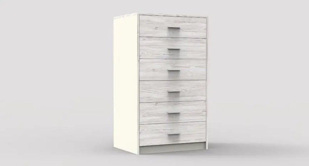 Commode moderne en bois clair, avec six tiroirs et un design épuré. Parfait pour un intérieur élégant et fonctionnel.
