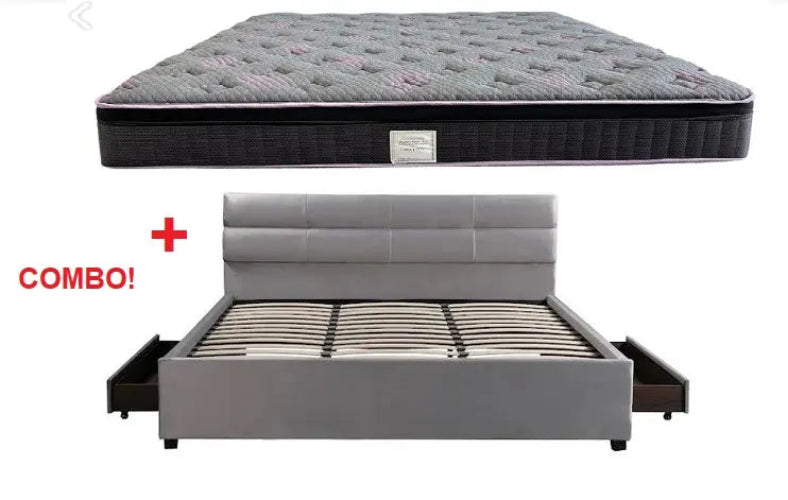 Lit plateforme COMBO! S-8032 en velours gris avec un matelas Luxury Nite, offrant un design moderne et élégant.