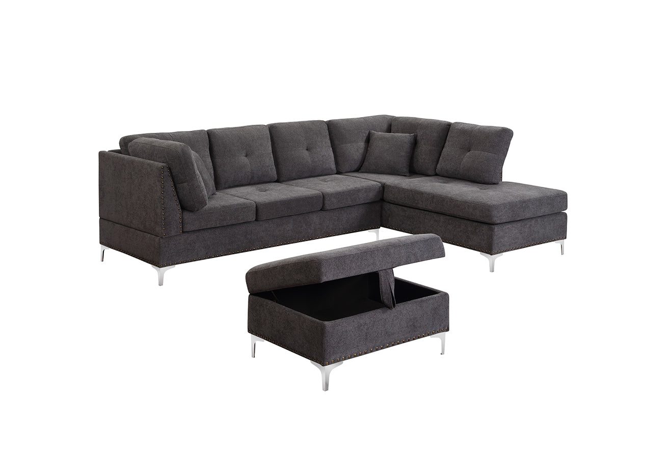 Snow Sectional Sofa Reversible with Ottoman (Fabric, Grey) - Optimum Plus