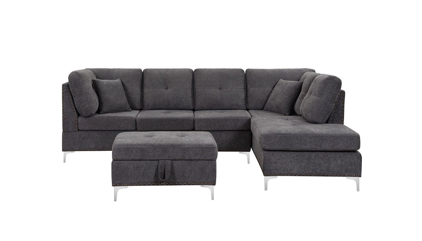 Snow Sectional Sofa Reversible with Ottoman (Fabric, Grey) - Optimum Plus