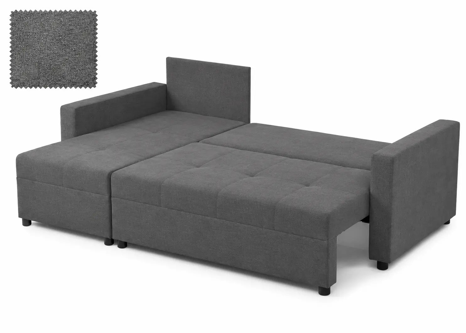 Canapé-lit réversible en tissu gris, au design moderne et élégant, avec des coussins rembourrés pour un confort optimal.