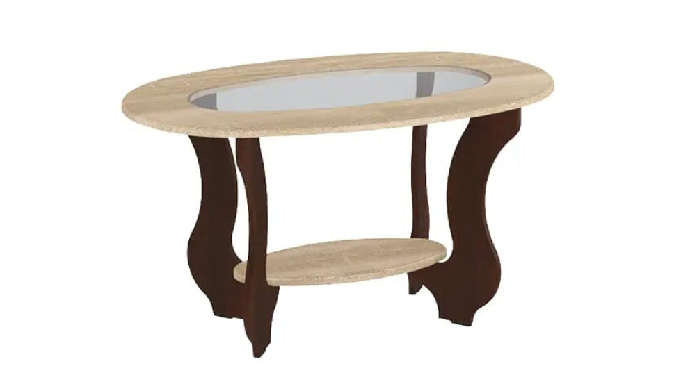 Table basse Optimum Plus de forme ovale, avec un plateau en verre et des pieds en bois foncé, alliant élégance.