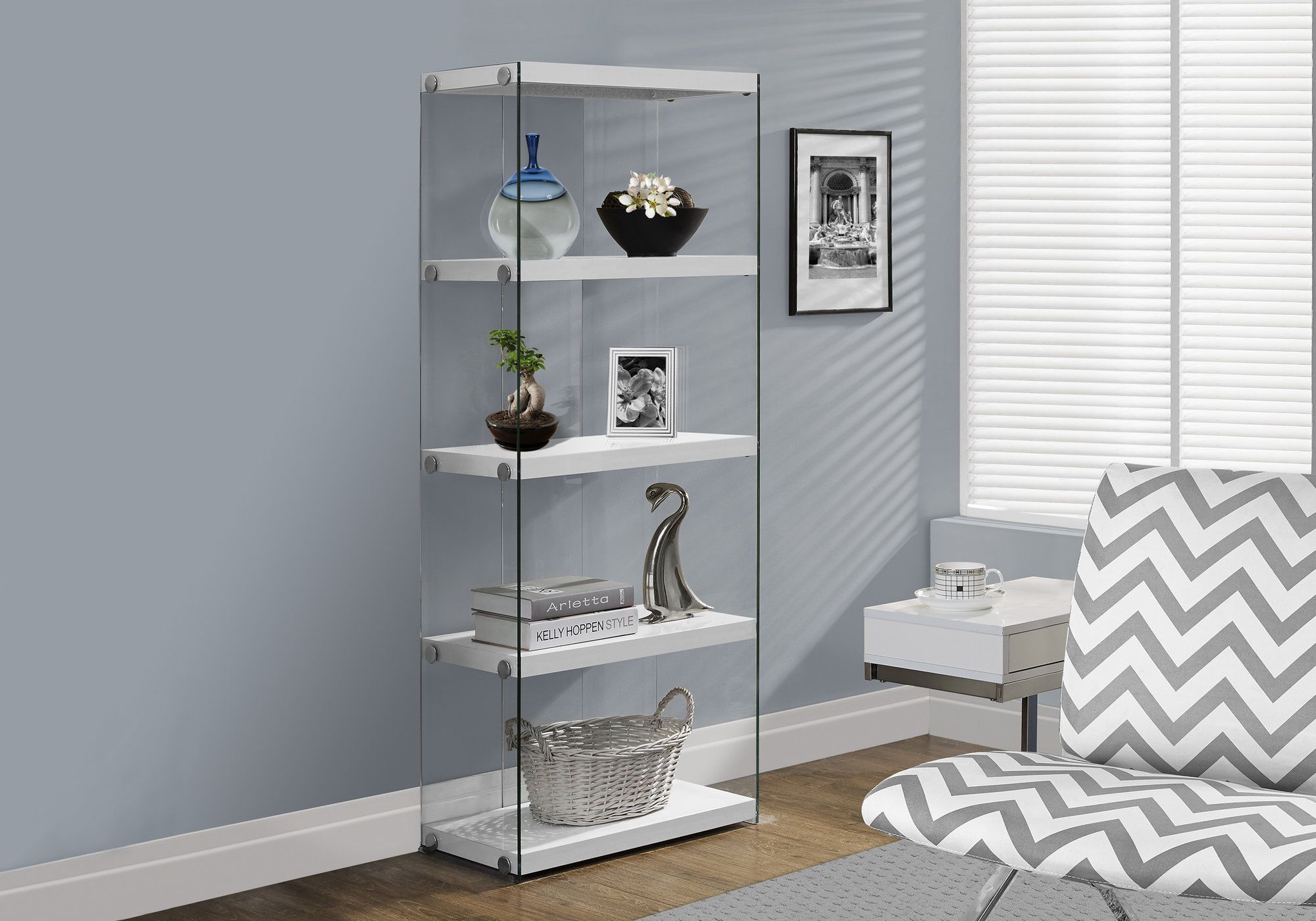 I-3289 Bookcase - 60"H / Glossy white with tempered glass - Optimum Plus