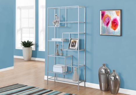 I-7158 Bookcase - 72"H / Silver metal with tempered glass - Optimum Plus