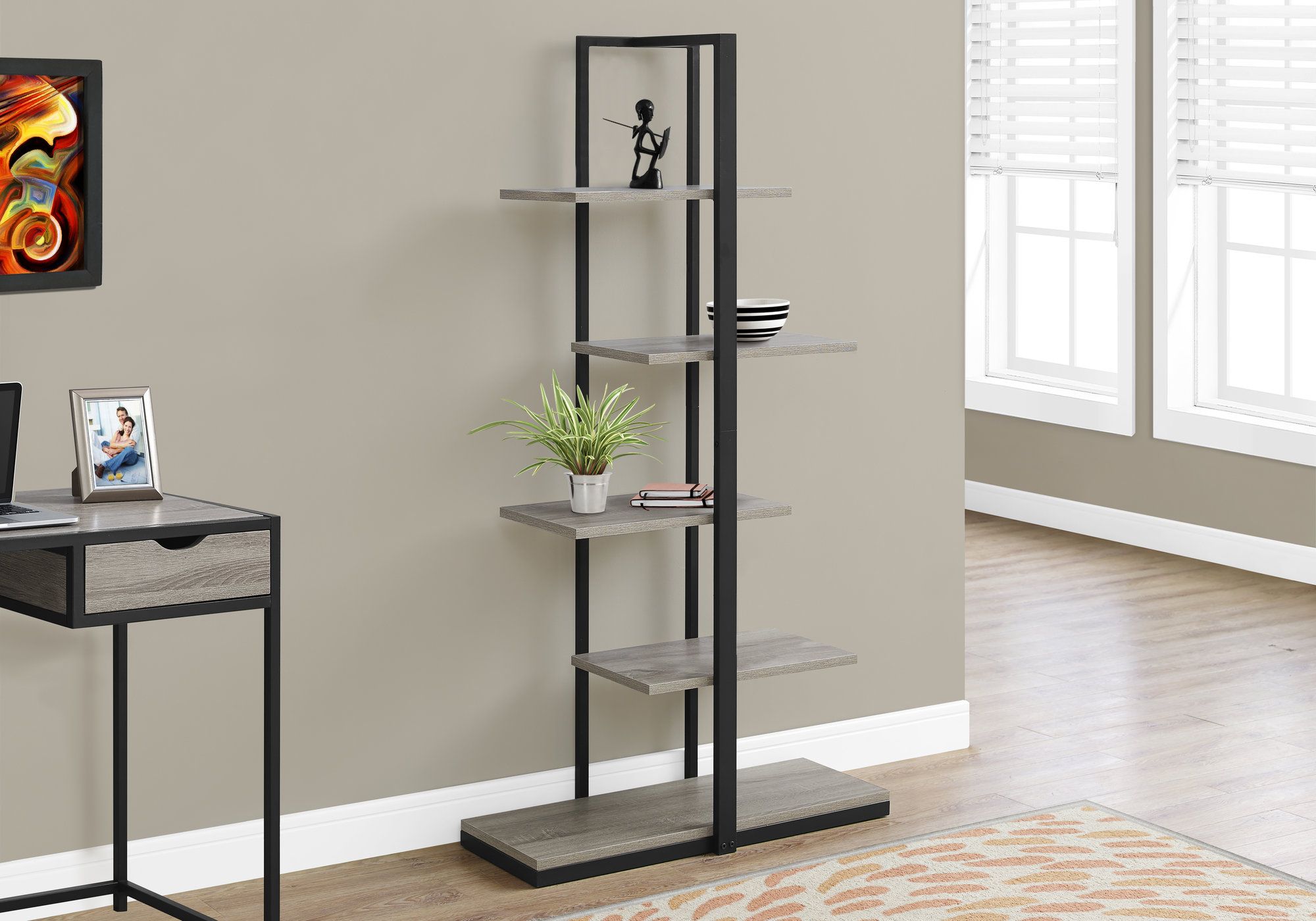 I-7232 Bookcase - 60"H / Dark taupe / Black metal - Optimum Plus