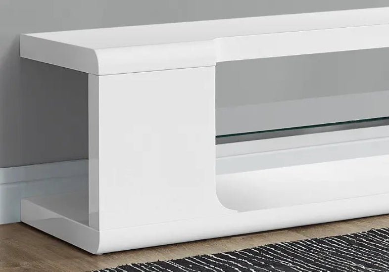 Meuble TV Optimum Plus en blanc brillant, avec des lignes modernes et une étagère en verre, offrant un design élégant.