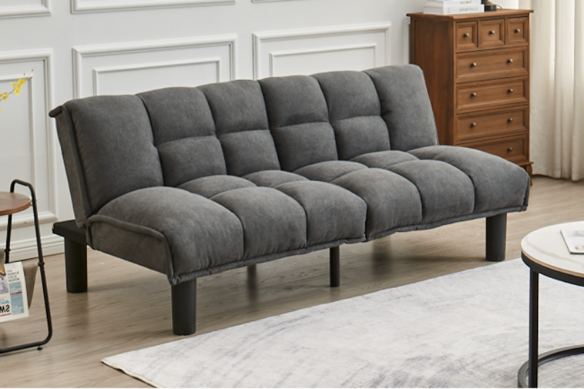 Sofa-lit Optimum Plus en tissu gris, au design moderne et confortable, avec une structure en bois noir.