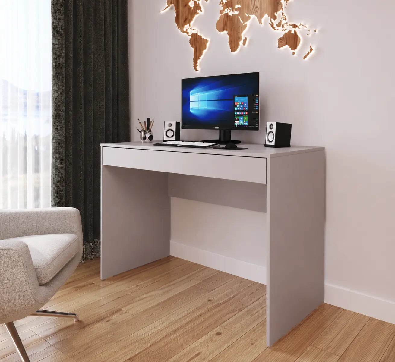 Bureau moderne Optimum Plus en gris clair avec un écran dordinateur, situé dans un espace de travail élégant et lumineux.