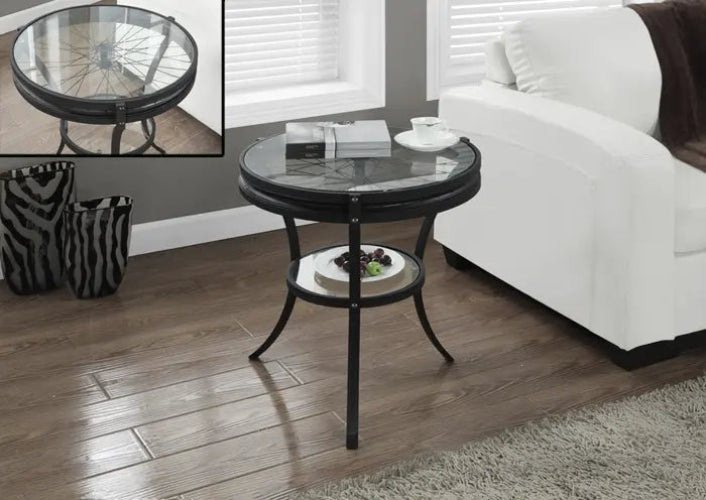 I-2140 Hammered black 22”dia accent table with tempered glass