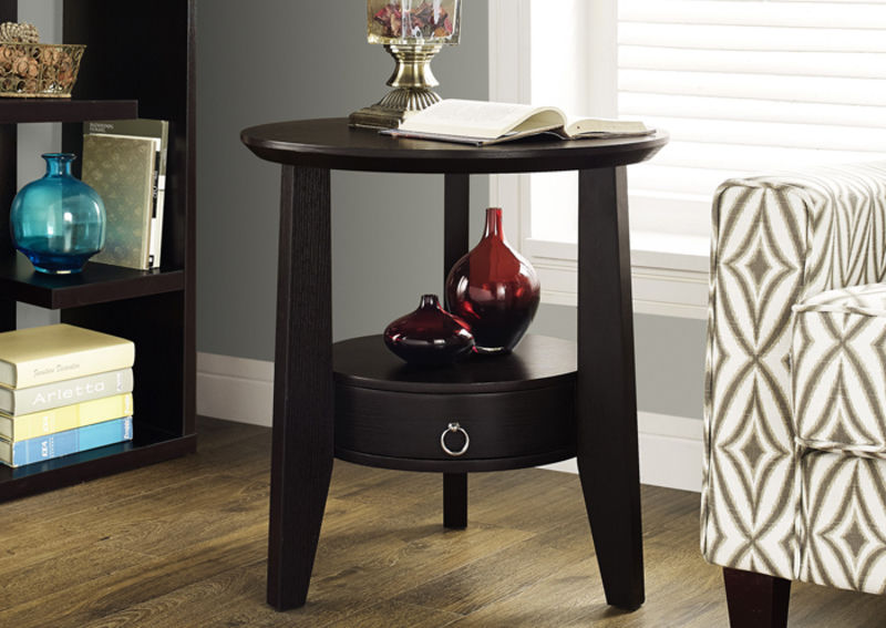 I-2491 Cappuccino 23”dia accent table with 1 drawer - Optimum Plus