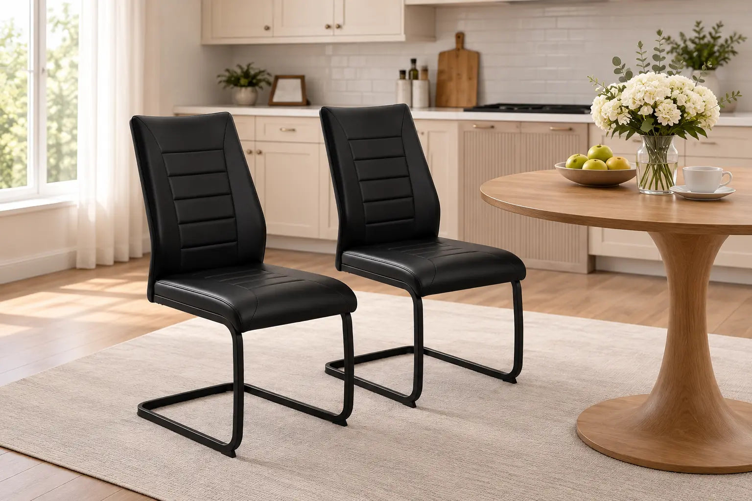 Deux chaises noires en PU au design original sont placées autour dune table en bois, créant une ambiance chaleureuse.