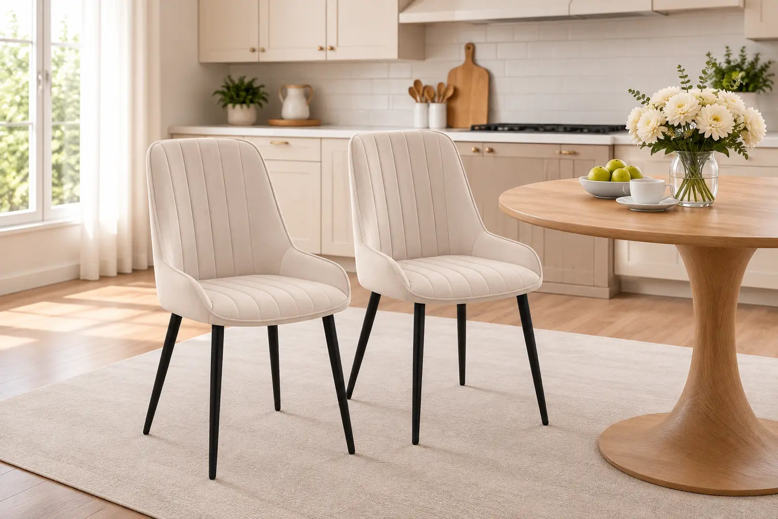 Chaises en velours beige avec piètement noir, au design élégant, placées autour dune table en bois dans une cuisine lumineuse.