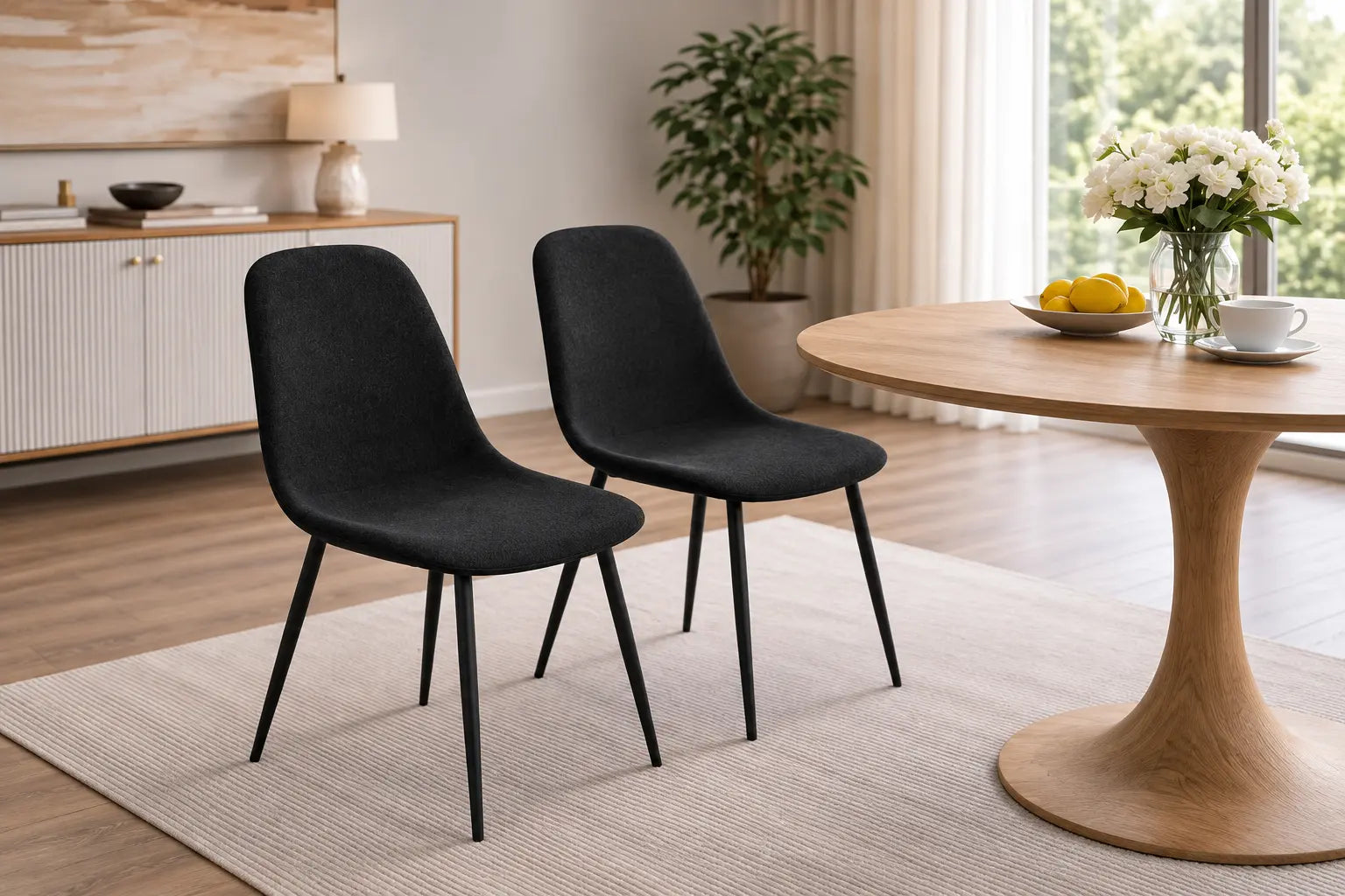 Deux chaises noires en tissu bouclé, au style élégant, sont placées près dune table en bois dans un intérieur lumineux.