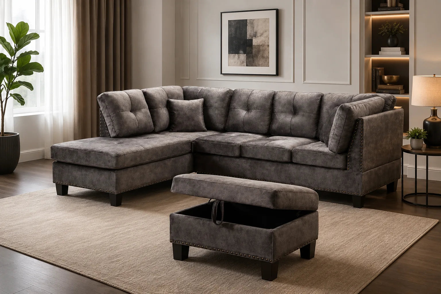 Snow Sofa Reversible with Ottoman (Velvet, Grey)