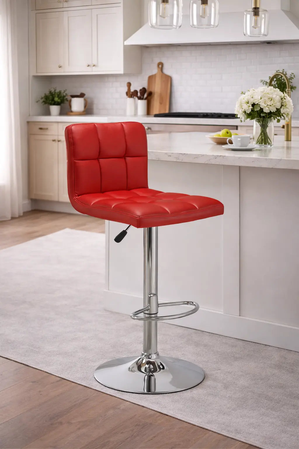 Tabouret de bar rouge Optimum Plus avec un design moderne, en simili cuir, et un pied en chrome brillant.