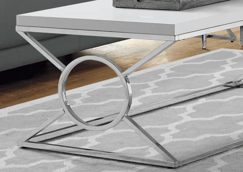 Table basse rectangulaire Optimum Plus, avec un plateau blanc brillant et une base en métal chromé en forme de «.