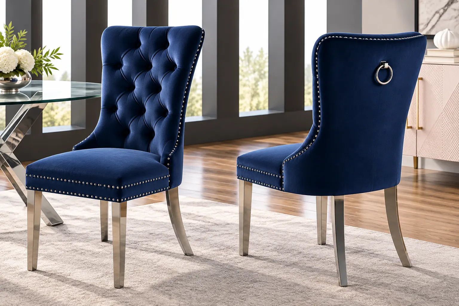 Deux chaises en velours bleu, élégantes et confortables, avec un design tufté et un cadre en chrome poli. Optimum Plus.
