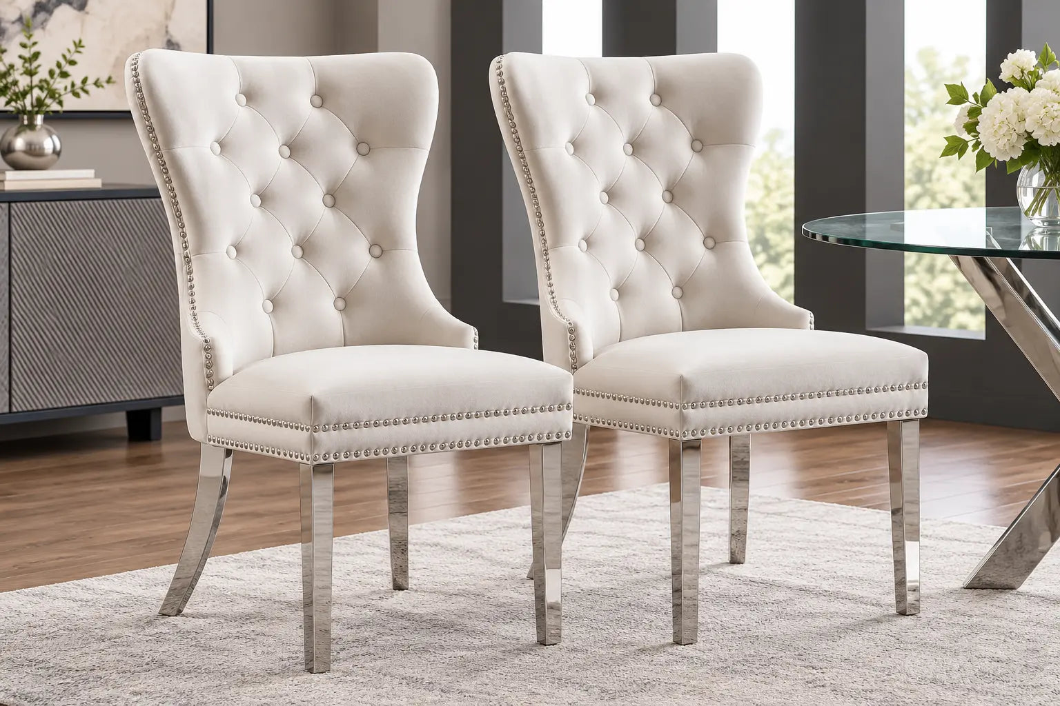 Chaises en velours crème avec dossier haut et boutons, finition chromée, ajoutant élégance et confort à tout espace. Optimum Plus.