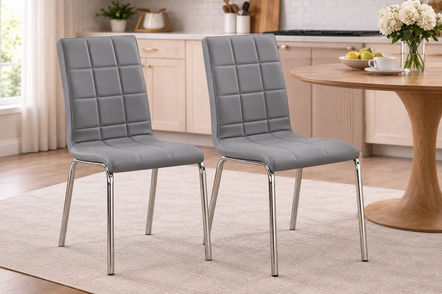 Deux chaises élégantes et confortables en gris, avec des pieds en chrome, placées autour dune table en bois. Optimum Plus.