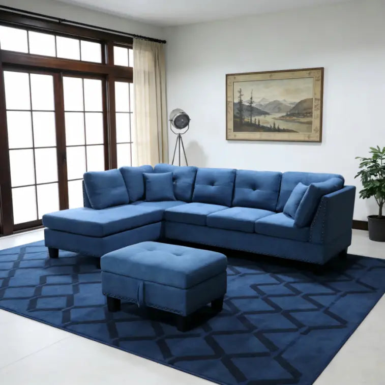 Snow Sectional Sofa Reversible with Ottoman (Fabric, Blue)