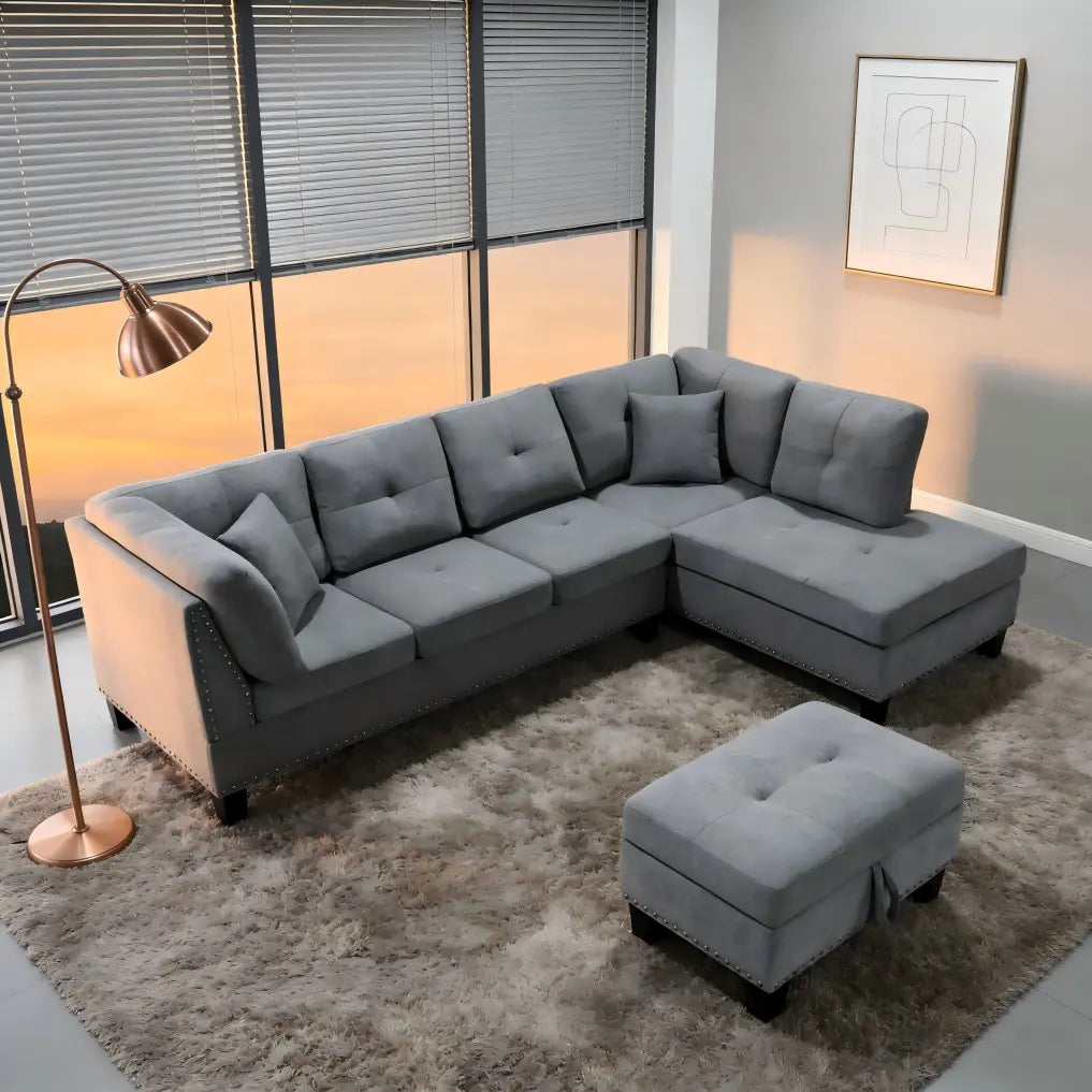 Snow Sectional Sofa Reversible with Ottoman (Fabric, Grey)