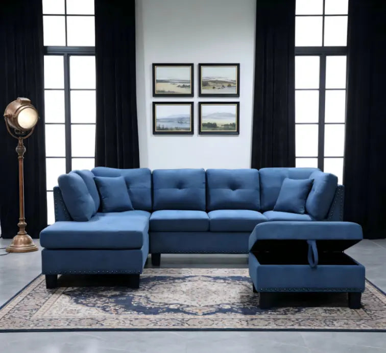 Snow Sectional Sofa Reversible with Ottoman (Fabric, Blue)