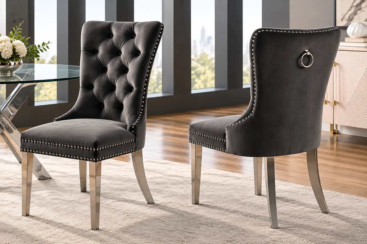 Chaises C-1260 en velours gris, élégantes et confortables, avec un design original et un cadre en chrome poli.