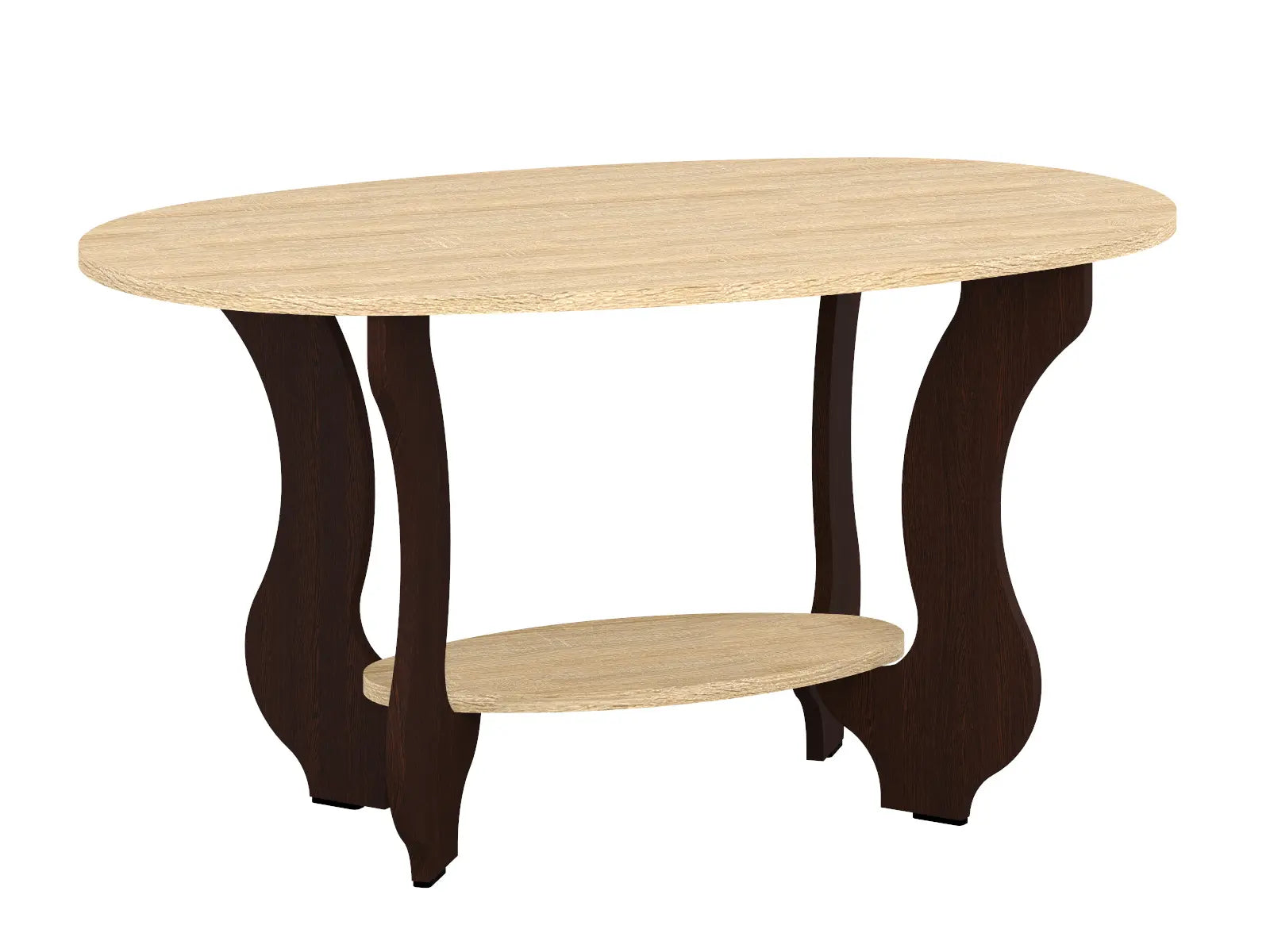 Table basse Optimum Plus, de forme ovale, avec un plateau en sonoma clair et des pieds en bois foncé, élégante.