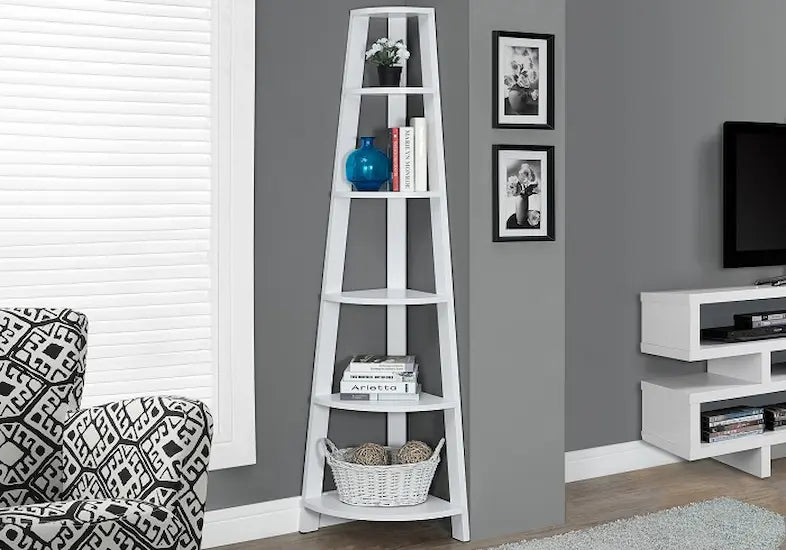 I-2496 Bookcase - 72"H /White corner accent etagere