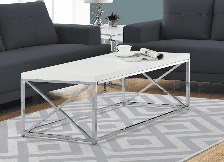 Table basse Optimum Plus en blanc brillant avec pieds en métal chromé, style moderne et épuré, idéale pour les petits.