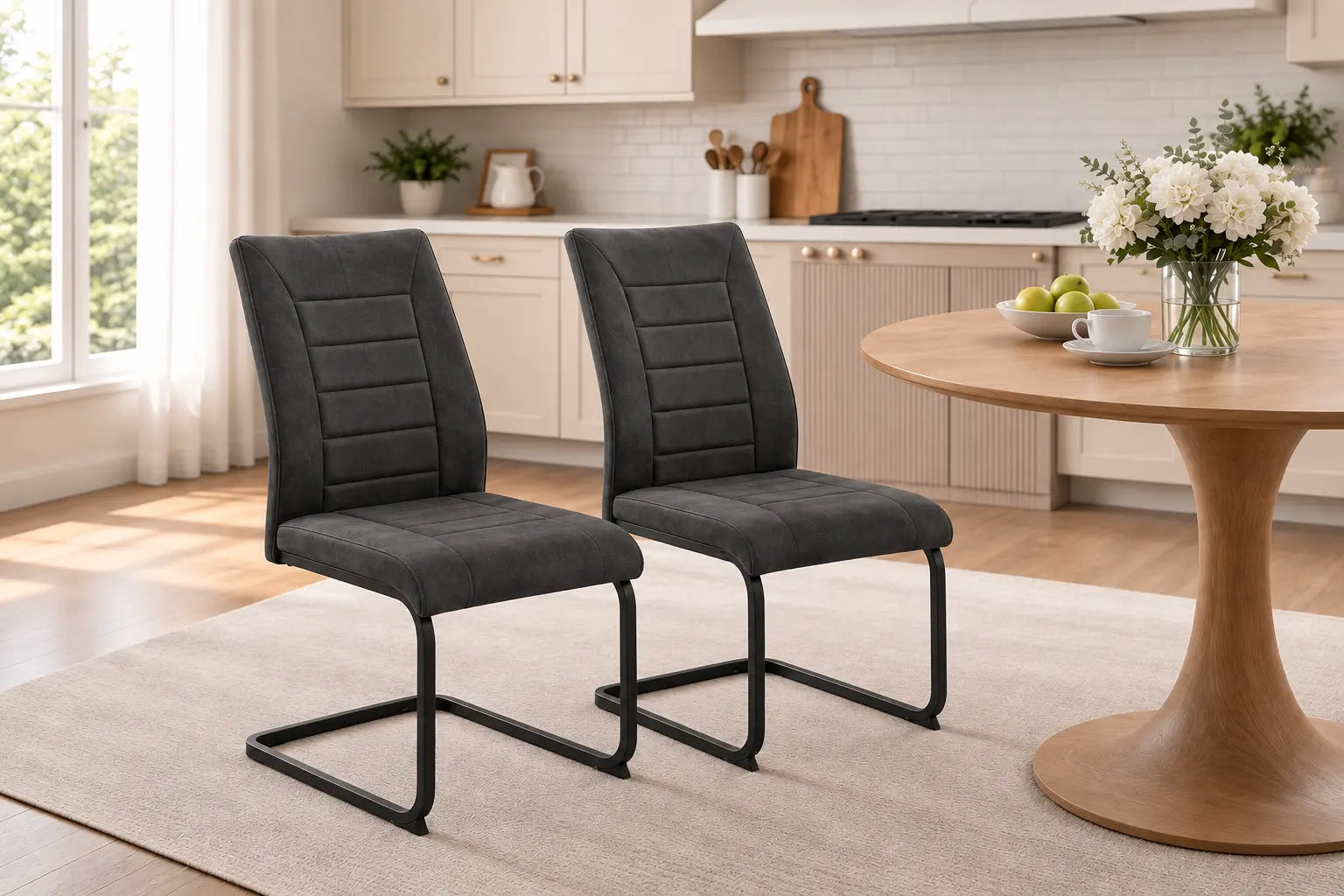 Deux chaises S-0454 en microfibre grise sont placées près dune table ronde en bois, dans une cuisine moderne et lumineuse.