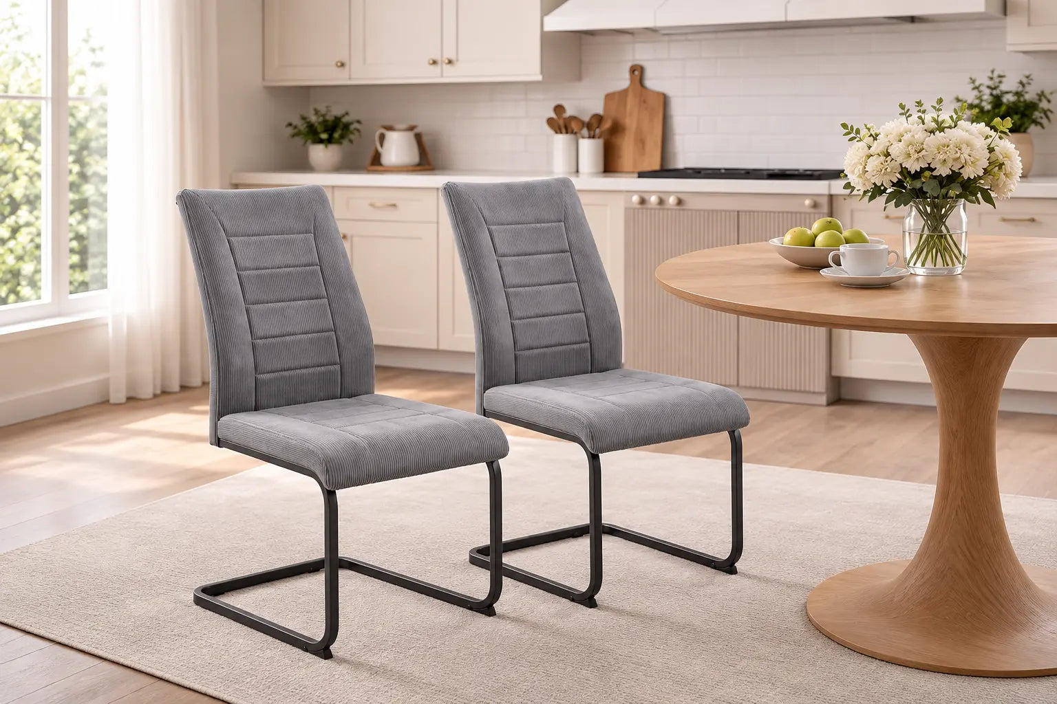 Deux chaises modernes en velours gris avec une base incurvée, placées autour dune table en bois dans une cuisine lumineuse.