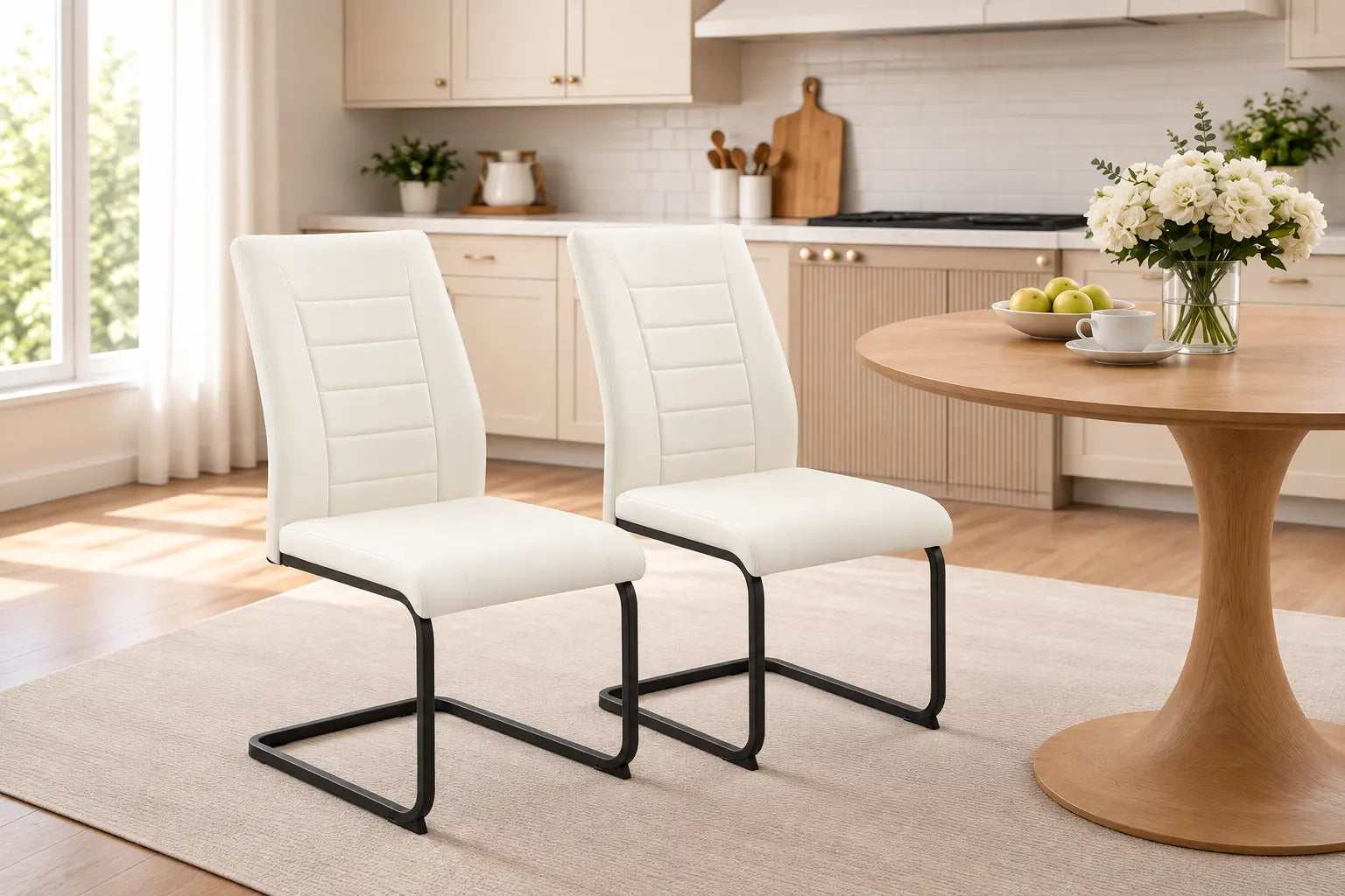 Deux chaises blanches au design moderne et original, avec une base incurvée, se trouvent autour dune table en bois clair.