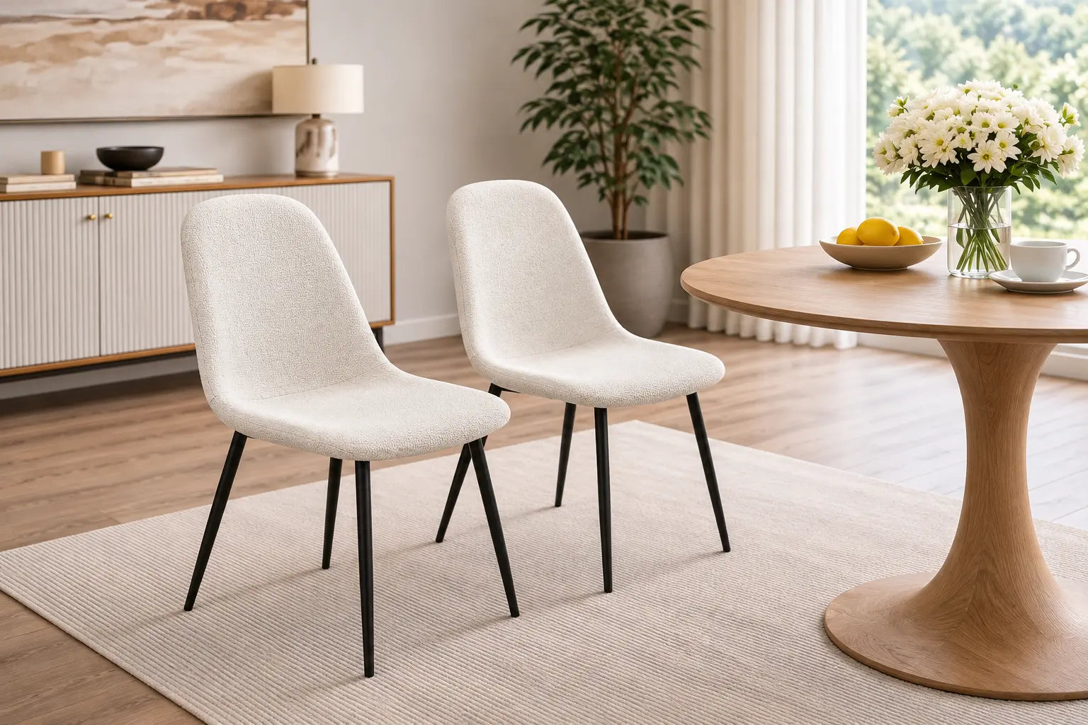 Deux chaises Mila blanches en tissu bouclé, élégamment posées autour dune table en bois, apportent une touche moderne à lespace.